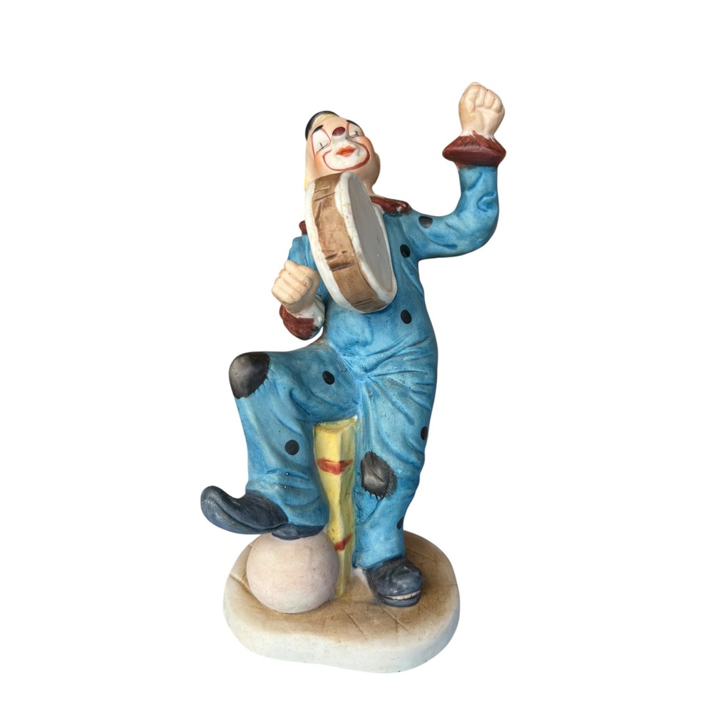 Vintage Ceramic Clown Figurine Blue Polka Dot Jumpsuit Playing Tambourine 8 Inch